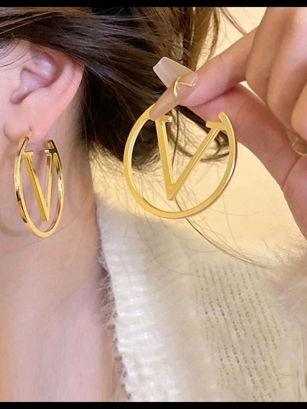 Gold V Hoop Earrings with V Accent - Women Jewelry